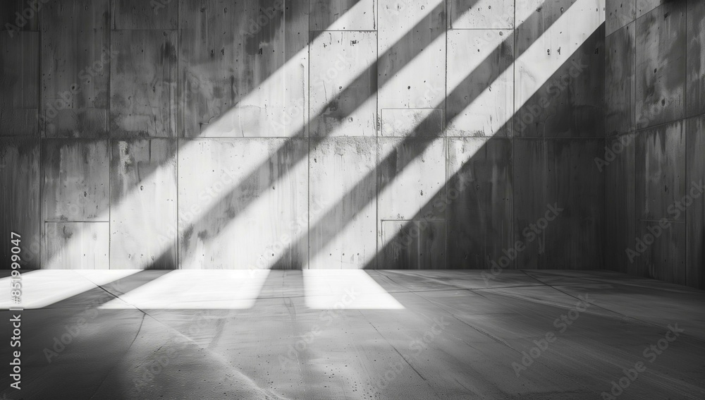 Poster an abstract image of an empty concrete wall with striking light rays creating shadow patterns on the