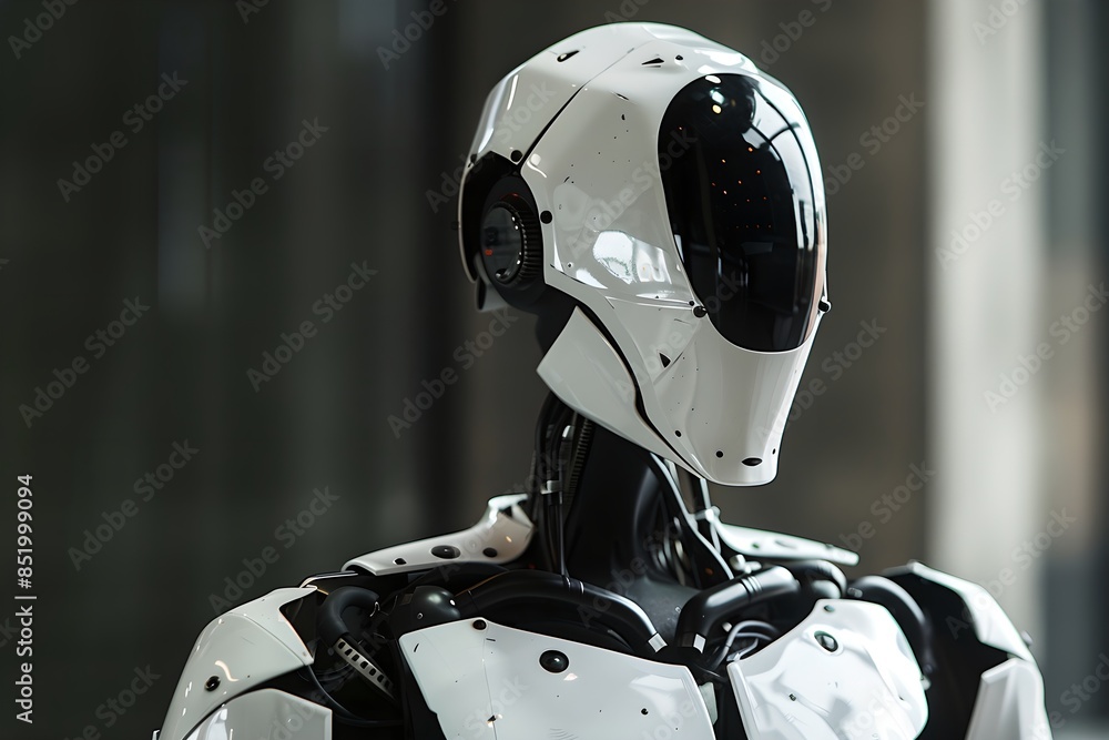 Poster sleek humanoid robot on dark indoor background. future robotic and cybernetic concept. futuristic ar