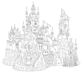 Fairy tale castle fortress. Hand drawn black and white architectural sketch for coloring book page