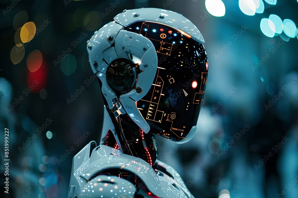 Poster humanoid robot with digital screen on dark background. future robotic and cybernetic concept. futuri