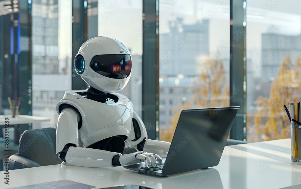 Poster assistant robot working on laptop in bright modern office. future robotic and cybernetic concept. fu