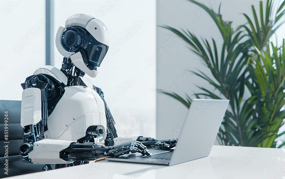 Poster humanoid robot working on laptop in bright modern office. future robotic and cybernetic concept. fut