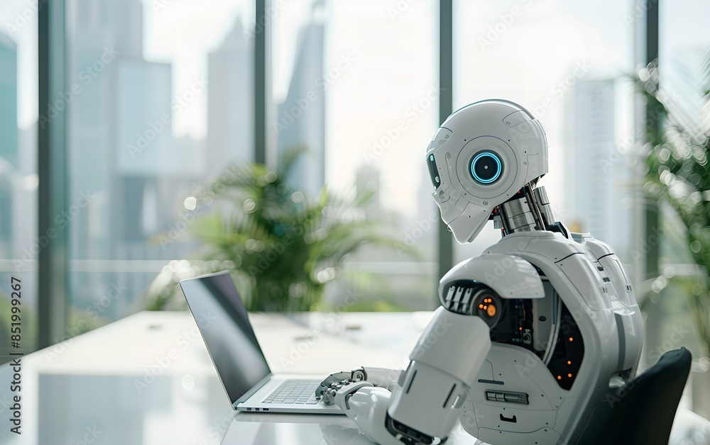 Poster assistant robot working on laptop in bright modern office. future robotic and cybernetic concept. fu