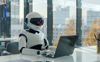 Assistant robot working on laptop in bright modern office. Future robotic and cybernetic concept. Futuristic artificial intelligence technology and robotization. 