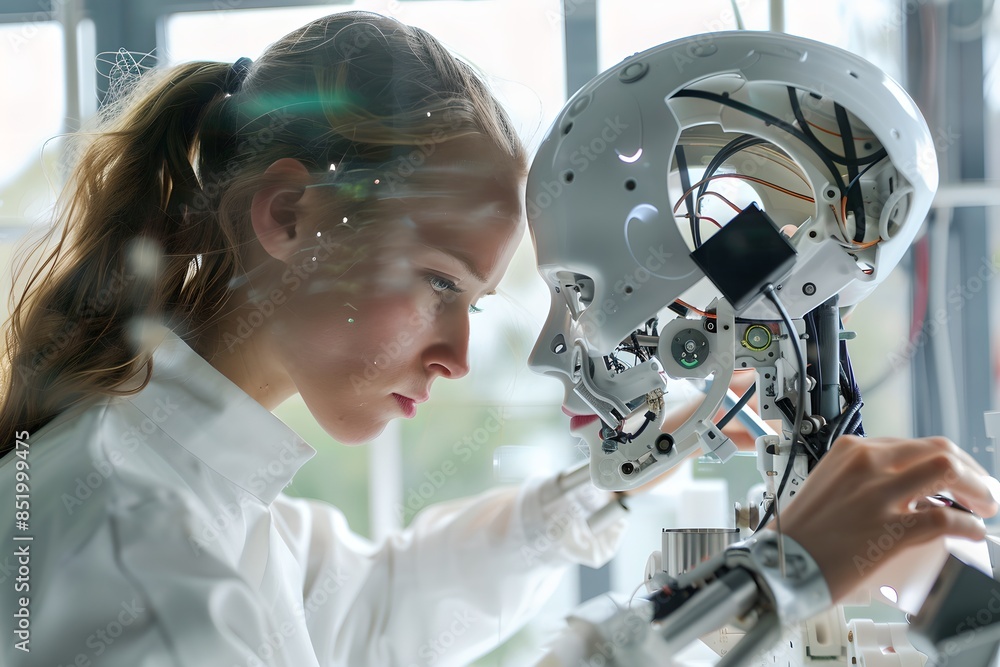 Poster female scientist interacts with robot in laboratory. future robotic and cybernetic concept. futurist