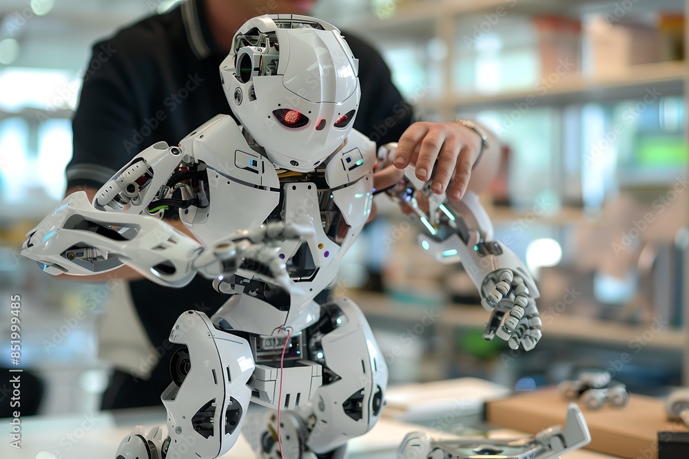 Poster scientist assembles on robot in laboratory. future robotic and cybernetic concept. futuristic artifi