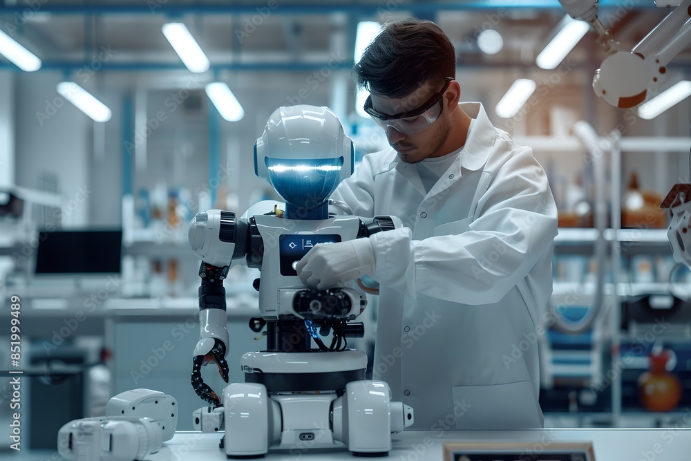 Poster scientist working on robot in laboratory. future robotic and cybernetic concept. futuristic artifici