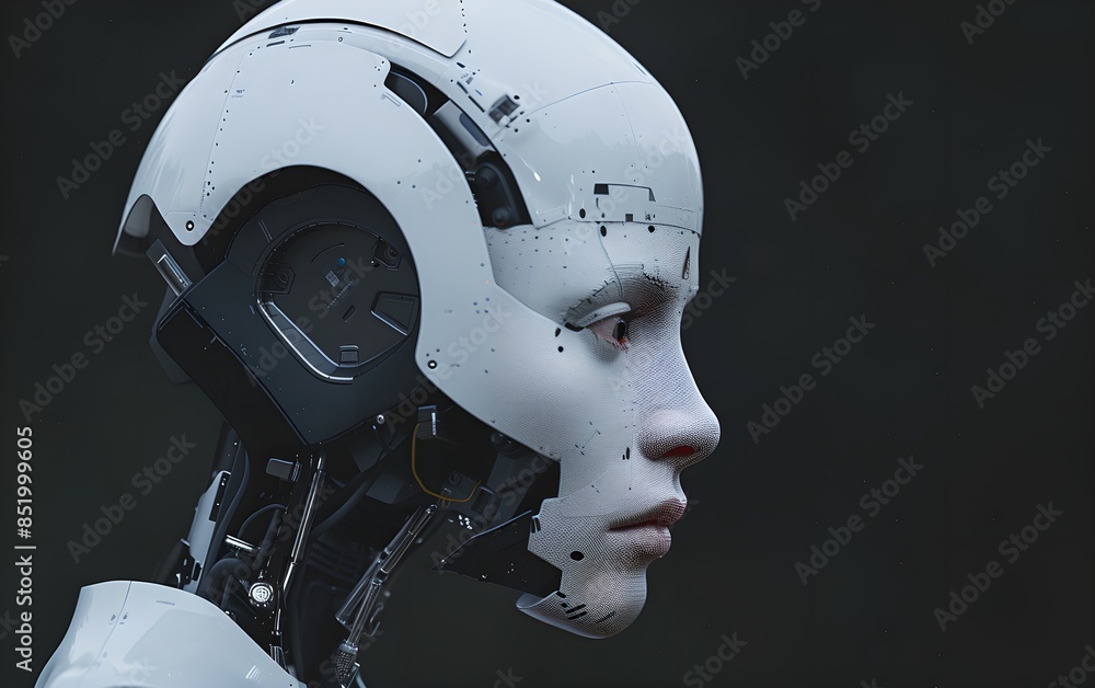 Poster humanoid robot isolated on black background. close-up shot. future robotic and cybernetic concept. f