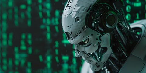 Humanoid robot with digital binary code background. Future robotic and cybernetic concept. Futuristic artificial intelligence technology and robotization. Banner with copy space