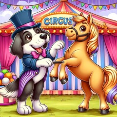 Dog and pony show, English idiom. A dog and a pony performing tricks in a circus-like setting.