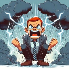 Face like thunder, English idiom. A person with a very angry expression, surrounded by storm clouds and lightning.