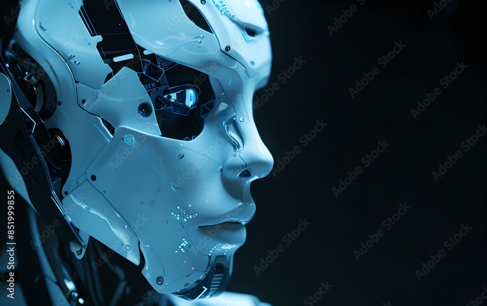 Poster humanoid robot isolated on black background. close-up shot. future robotic and cybernetic concept. f