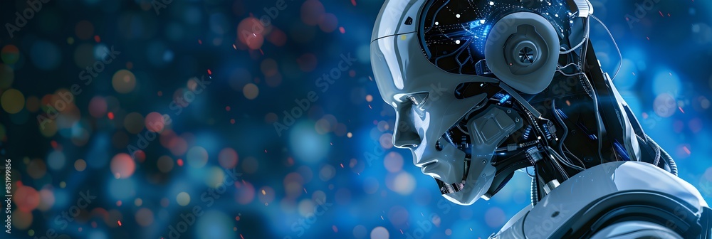 Poster humanoid robot with dark blue background. future robotic and cybernetic concept. futuristic artifici