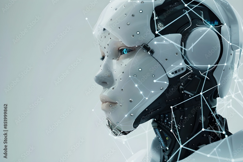 Poster humanoid robot with digital connections network overlay. close-up shot. future robotic and cyberneti