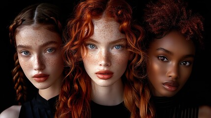 Obraz premium Three women pose together in a portrait style photo. They are all wearing black and have long, curly hair. Two of the women have dark hair, while the other has red hair