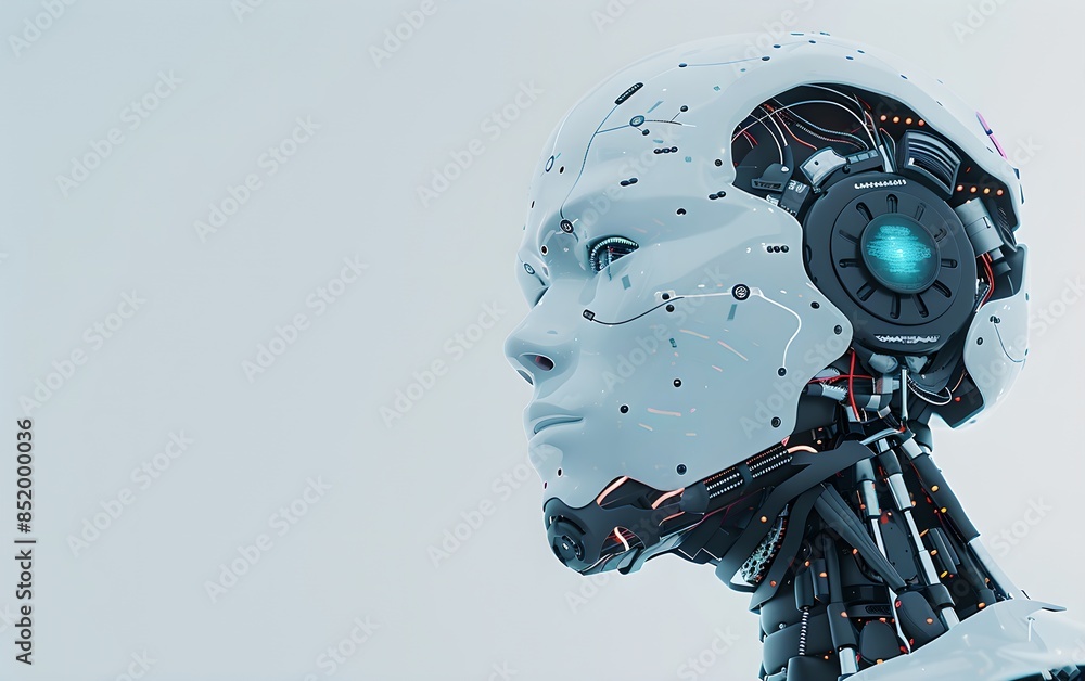 Poster humanoid robot isolated on white background. close-up shot. future robotic and cybernetic concept. f