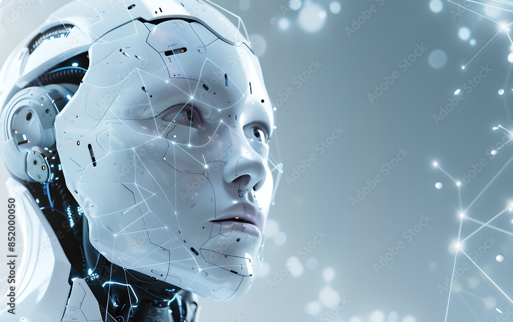 Poster humanoid robot with digital connections network overlay. close-up shot. future robotic and cyberneti