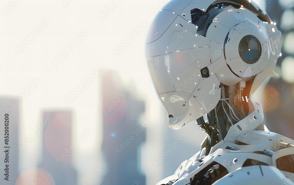 Poster advanced sci-fi robot with cityscape background. future robotic and cybernetic concept. futuristic a