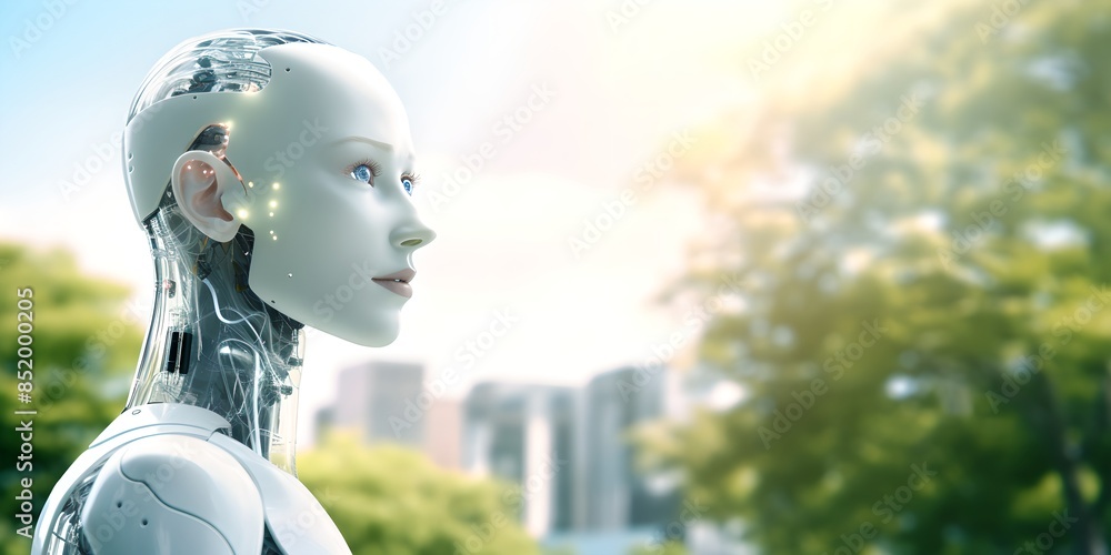 Poster female humanoid robot in green park with trees. future robotic and cybernetic concept. futuristic ar