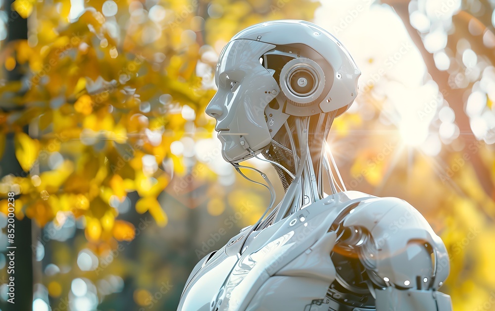 Poster humanoid robot in park with autumn trees. future robotic and cybernetic concept. futuristic artifici