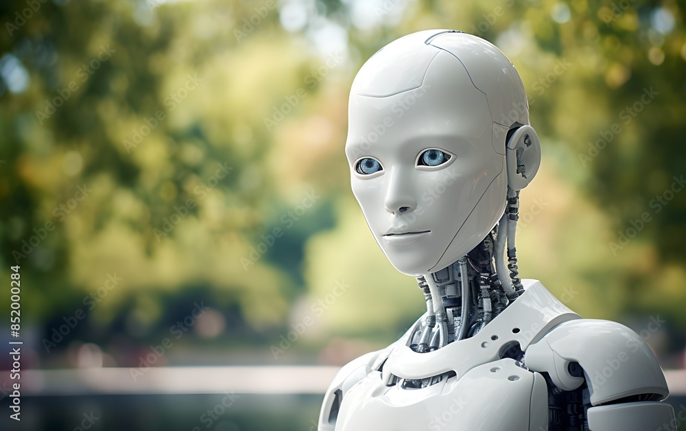 Poster female humanoid robot in green park with trees. future robotic and cybernetic concept. futuristic ar