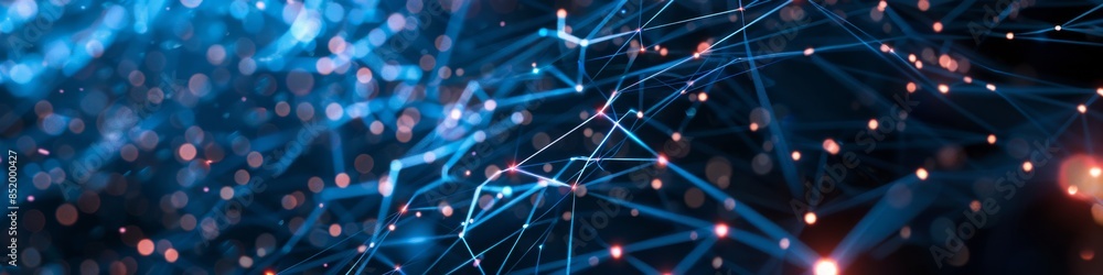 Poster dark tech background with neon-lit broken grid connections, creating a chaotic and futuristic visual