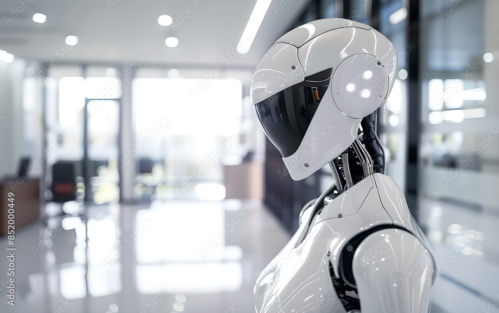 Poster advanced robot in bright office interior. future robotic and cybernetic concept. futuristic artifici