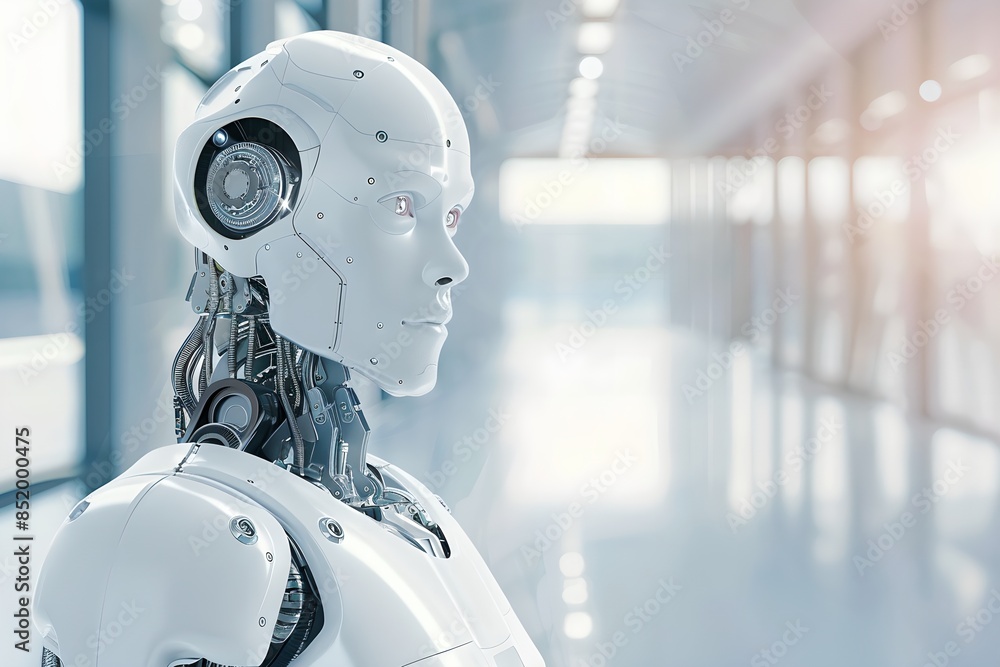 Poster humanoid robot in modern corridor. future robotic and cybernetic concept. futuristic artificial inte