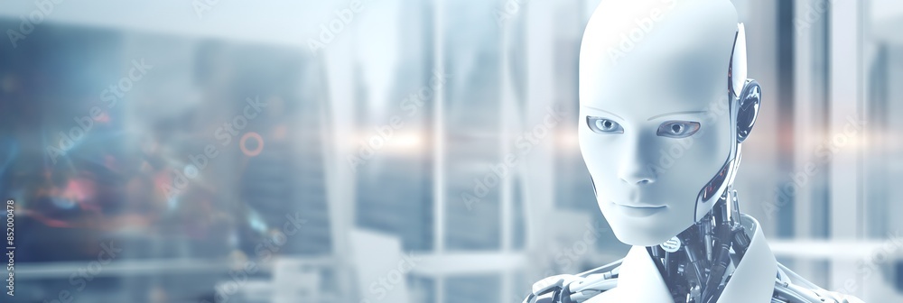 Poster female humanoid robot in modern bright office. future robotic and cybernetic concept. futuristic art