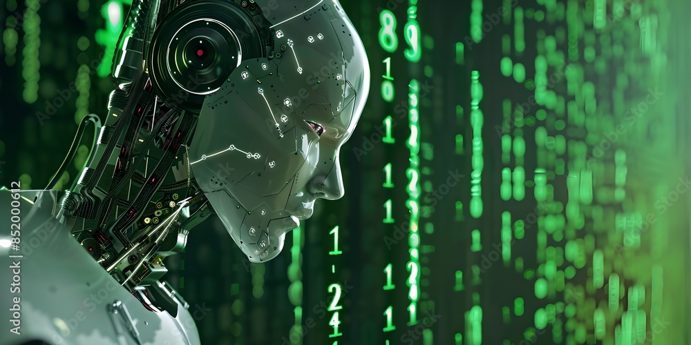 Poster close-up of humanoid robot with digital code background. future robotic and cybernetic concept. futu