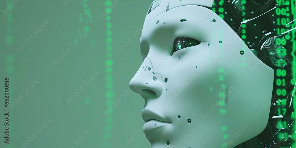 Poster close-up of humanoid robot with digital code overlay. future robotic and cybernetic concept. futuris