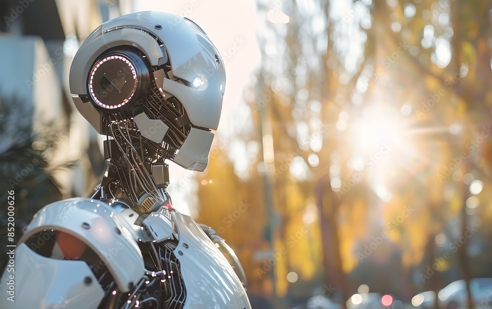 Poster humanoid robot in park with sunlight. future robotic and cybernetic concept. futuristic artificial i