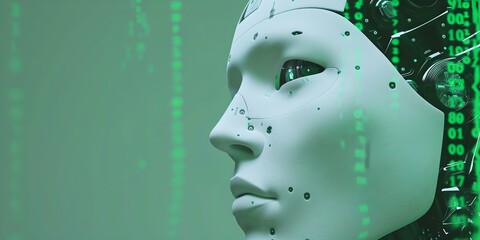 Close-up of humanoid robot with digital code overlay. Future robotic and cybernetic concept. Futuristic artificial intelligence technology and robotization. Banner with copy space