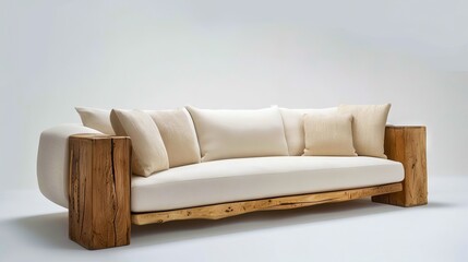 Obraz premium A white couch with wooden legs and pillows.