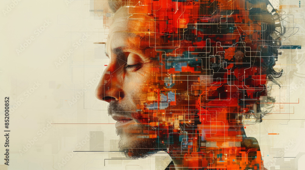 Poster collage of human head, digits and various abstract elements on the subject of artificial intelligenc