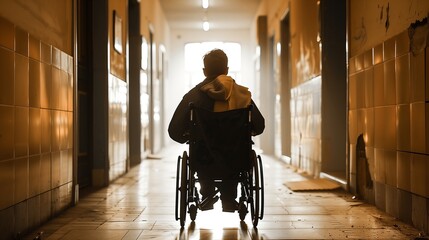 Silhouette of a young man in a wheelchair, navigating the hallway of an old hospital bathed in soft, filtered light.