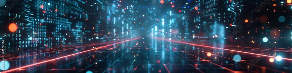 Poster dark, futuristic backdrop featuring a fragmented polygonal grid with broken connections, accented by