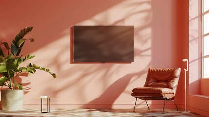 living room wall mockup with leather armchair and decor perfect for modern design inspiration