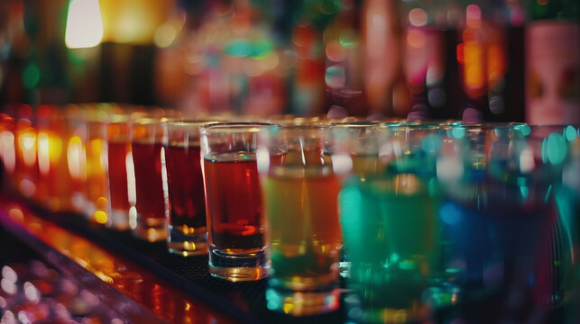 Many glasses with different shots at the bar