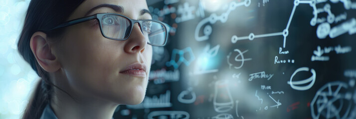 A woman wearing glasses looks thoughtfully at a whiteboard filled with diagrams and notes. She appears focused and engrossed in the information displayed