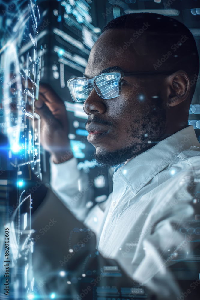 Poster a man wearing glasses interacts with a digital interface in a data center, surrounded by servers and