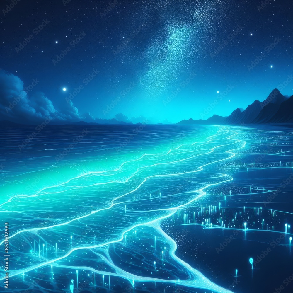 Poster a mesmerizing bioluminescent beach glows under a starry night sky. the glowing waves create a surrea