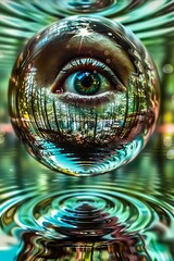 Naklejka premium A woman's eye is seen in a water sphere.