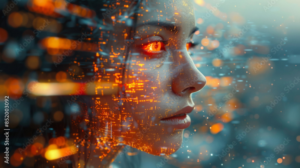 Poster collage of human head, digits and various abstract elements on the subject of artificial intelligenc
