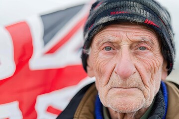 Fototapeta premium Elderly UK voter portrait with Union Jack flag backdrop, clear space, authentic style, sunlight.