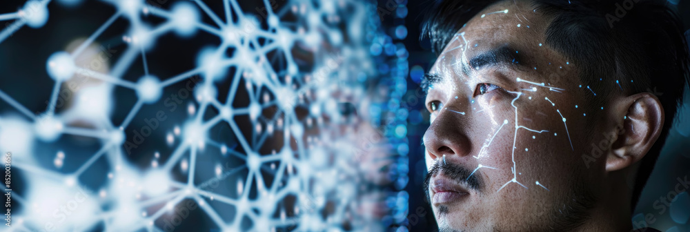 Poster a man looks intently at a digital network represented by glowing lines and dots, with his own face i