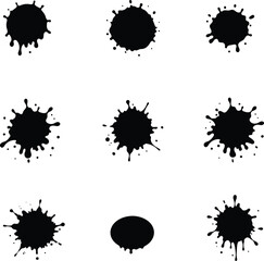 black paint stains with very large splashes on a clean white background