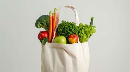 Reusable shopping bag filled with various fresh vegetables such as carrots, lettuce and tomatoes on a white background