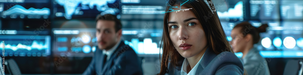 Poster a woman looks intently at a screen displaying complex data in a modern control room setting