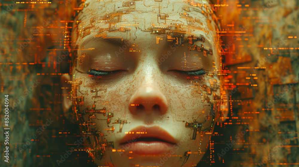 Poster collage of human head, digits and various abstract elements on the subject of artificial intelligenc
